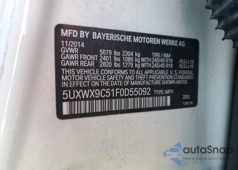 2015 BMW X3 xDrive28I z USA, uszkodzony, nr VIN 5UXWX9C51F0D55092